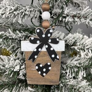 Christmas Tree Ornament-Wooden Gift With Polka Dot Bow-The Bridge Collection